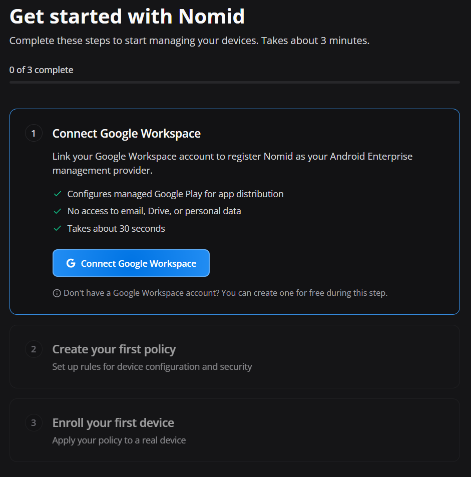 Nomid onboarding screen showing the first three initial steps