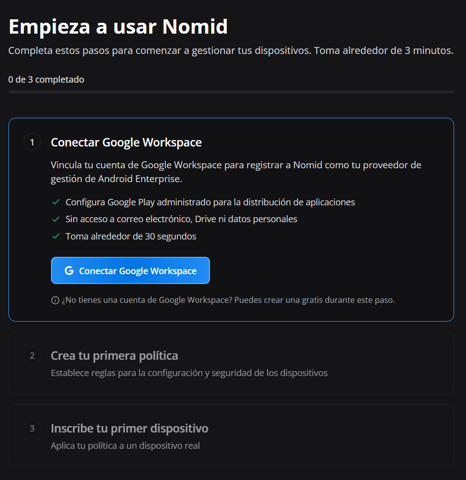 pantalla de onboarding de Nomid mostrando los tres primeros pasos