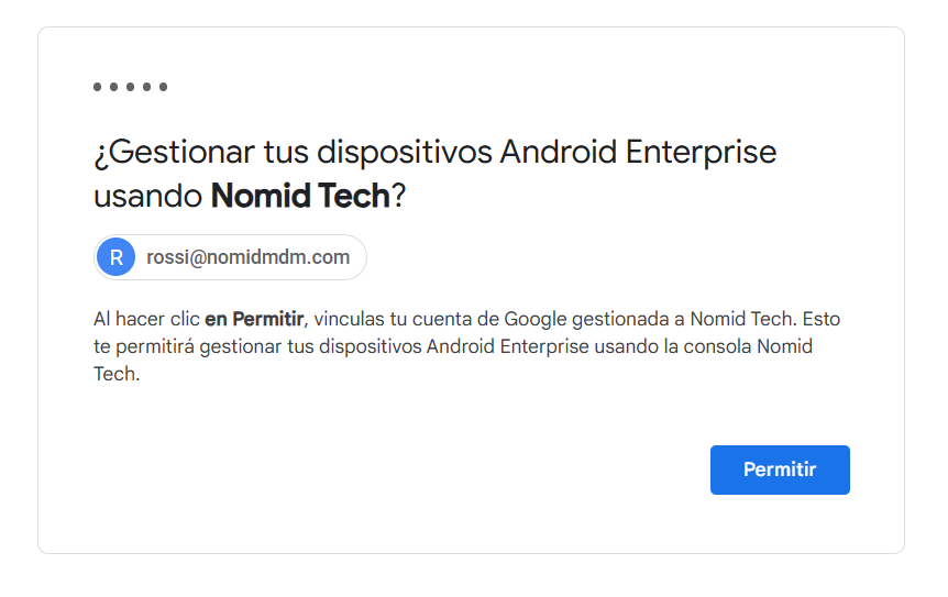 pantalla de autorización de Google para cuenta empresarial mostrando permisos solicitados por Nomid
