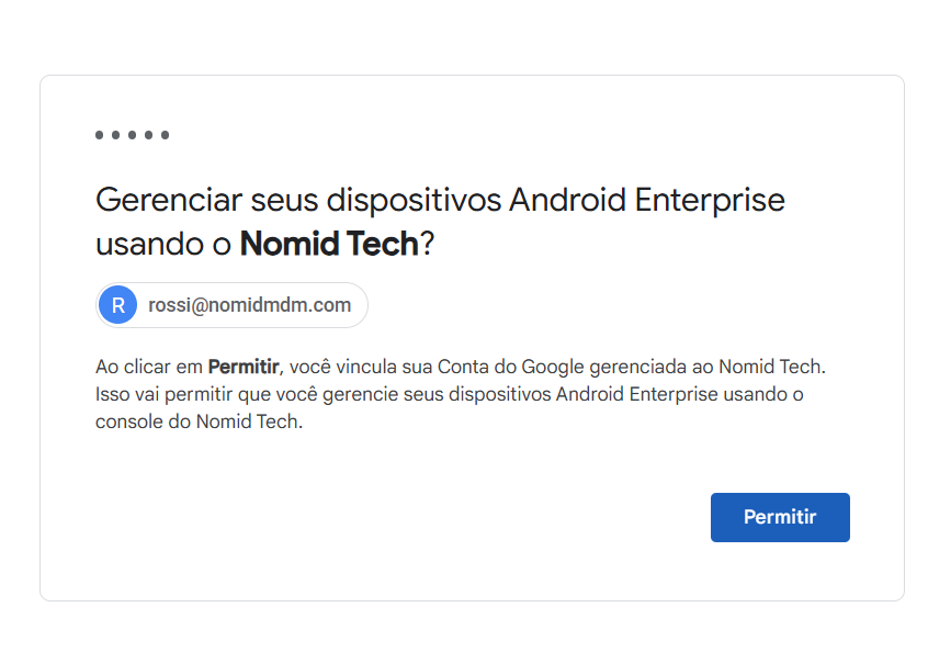 tela de autorização do Google para conta empresarial mostrando permissões solicitadas pelo Nomid