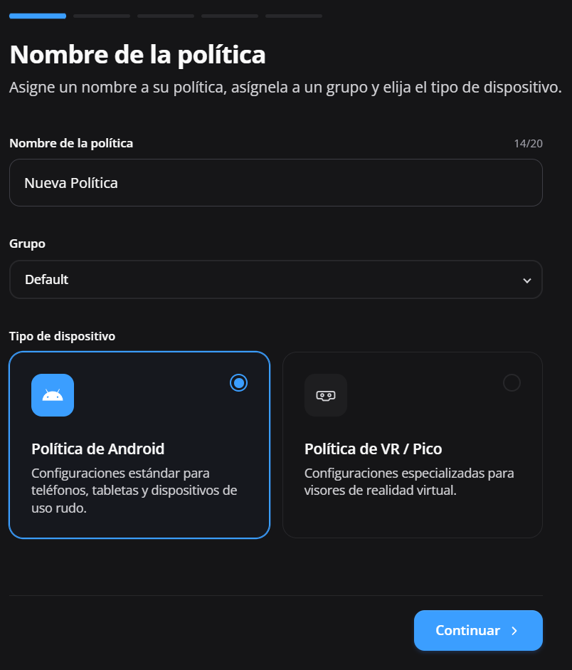 menú de políticas de Nomid con la opción Crear nueva política