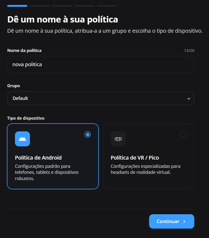 menu de políticas do Nomid com a opção Criar nova política