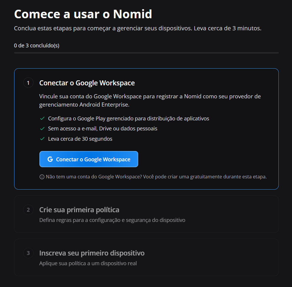 tela de onboarding do Nomid mostrando os três passos iniciais
