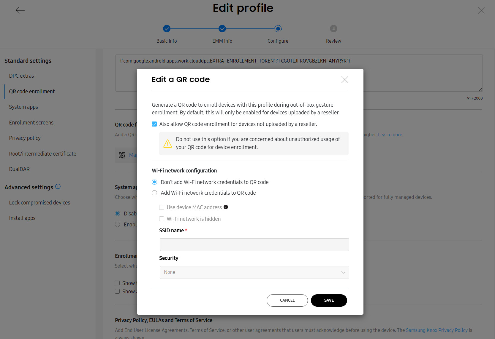 QR Code configuration screen: