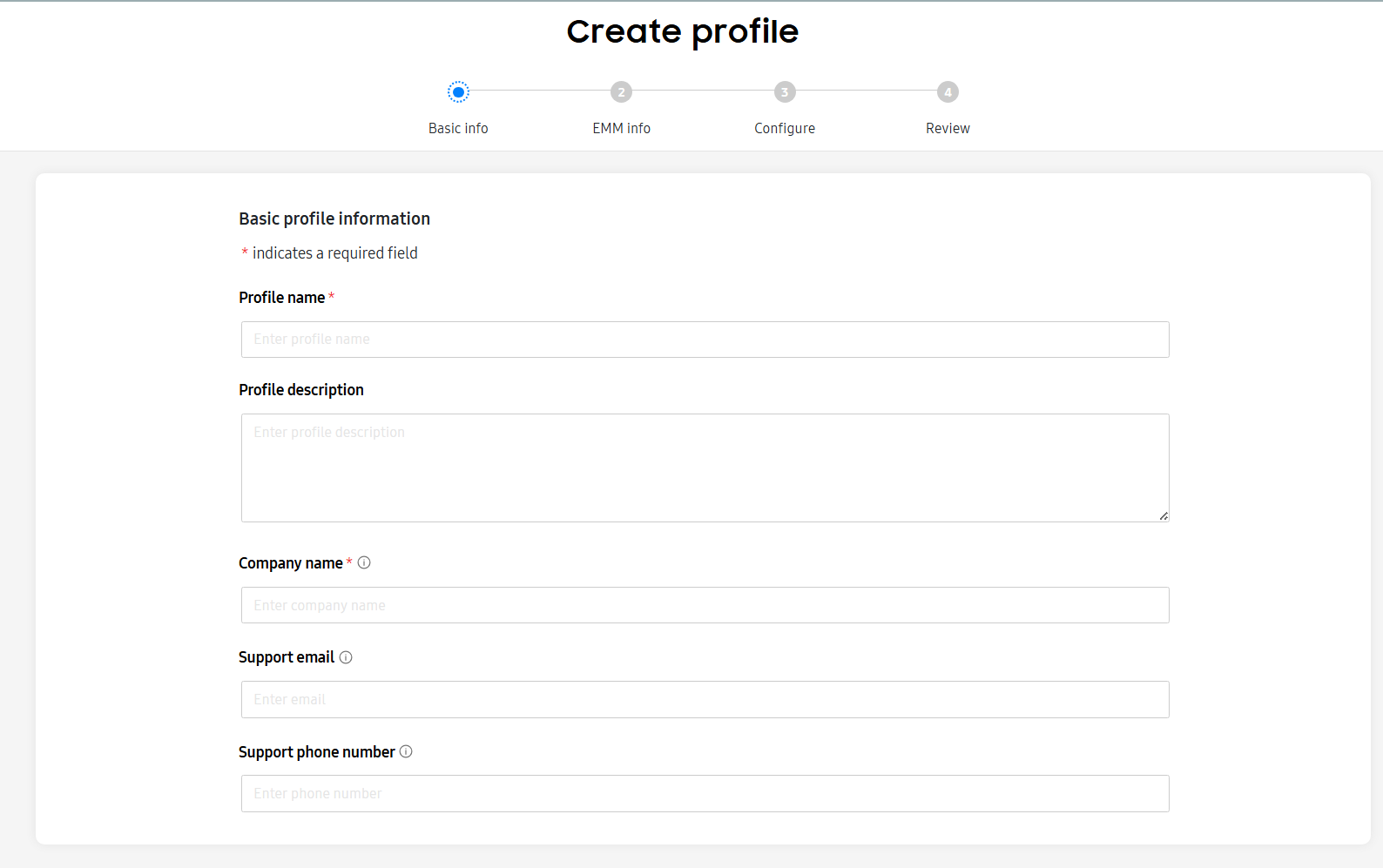 Profile creation screen with fields filled in: