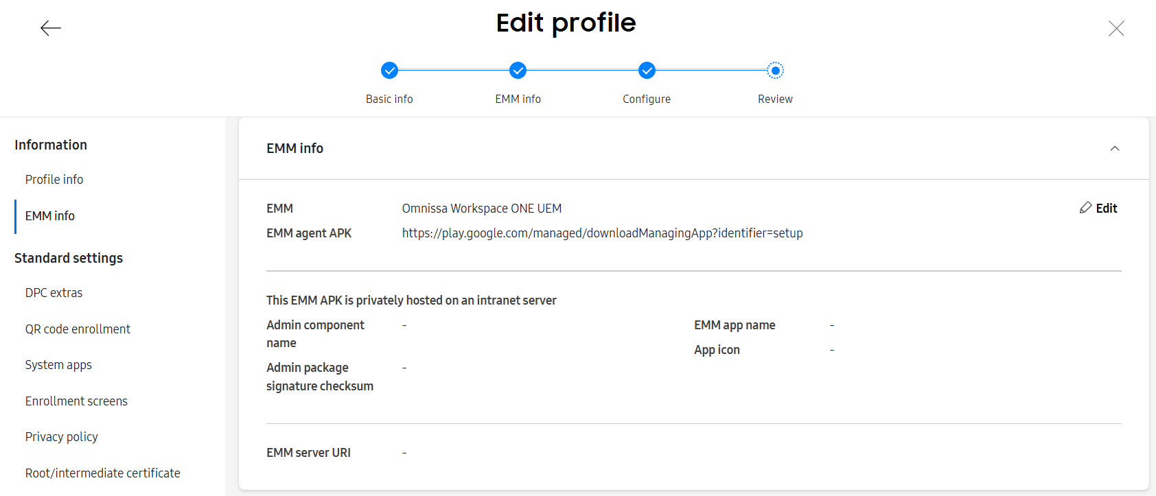 APK and URI configuration screen:
