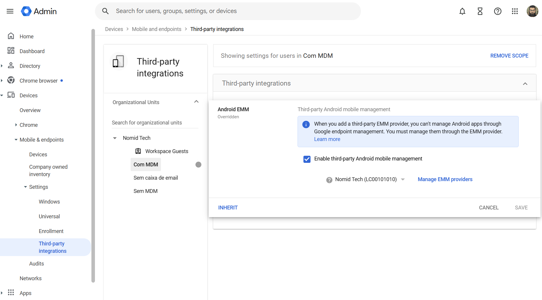 Google Admin Console - Third-party integrations e Android EMM