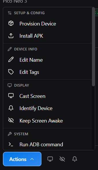 Menú Actions - configuración y pantalla
