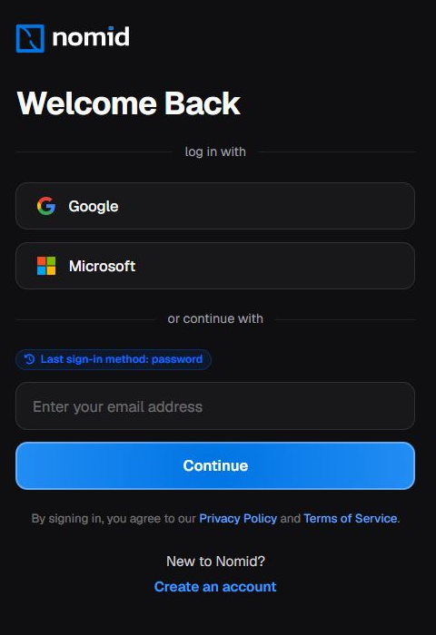 English sign-in page with Google, Microsoft, email field, Continue button, and Create an account link.