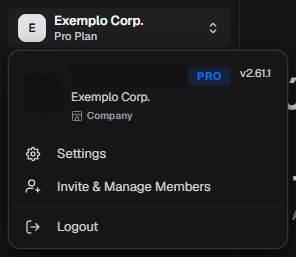 English user menu with Example company, plan, version, Settings, member management, and Logout.