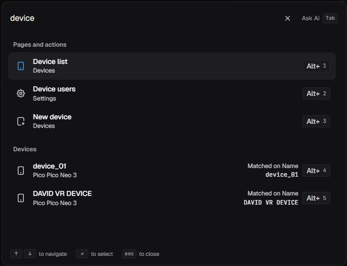 English global search with the term device, page and device results, shortcuts, and navigation, selection, and closing controls.