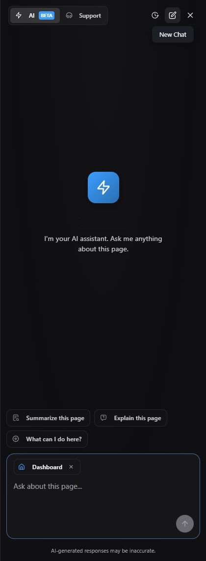 English Ask Nomid panel in AI mode with Support switch, upper controls, suggestions, Dashboard context, question field, and inaccuracy notice.