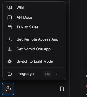 English help menu with Wiki, API Docs, sales, Remote Access App, Nomid Ops App, light mode, and language EN.