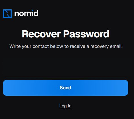English Recover Password form with instructions, protected contact field, Send button, and Log in return link.
