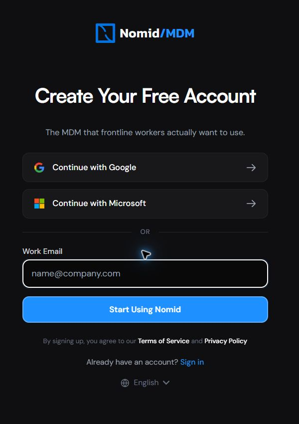 English account creation page with Google, Microsoft, Work Email, Start Using Nomid, terms, Sign in, and language selector.
