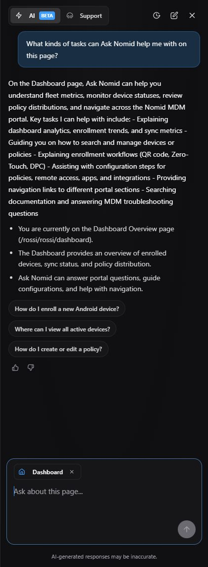 English Ask Nomid AI mode with a neutral question about assistant capabilities, real response, suggestions, Dashboard context, and inaccuracy notice.