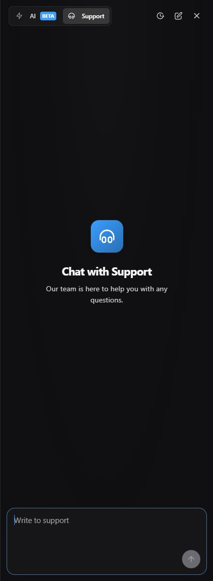 English Ask Nomid Support mode with initial guidance, Write to support field, and conversation and closing controls.