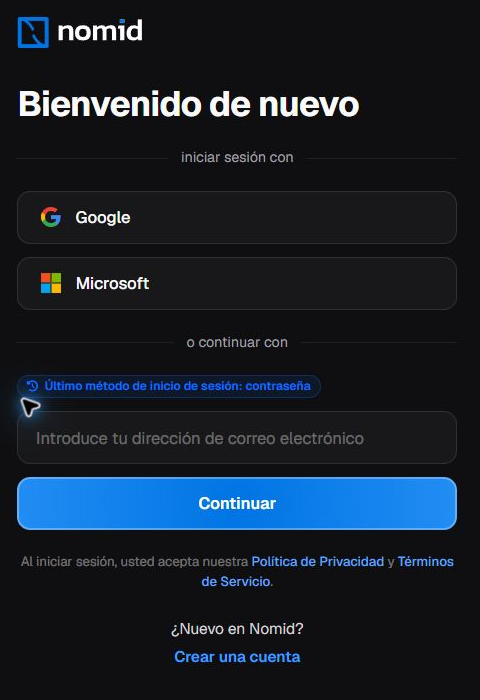 Pantalla de inicio de sesión en español con Google, Microsoft, campo de correo electrónico, botón Continuar y enlace Crear una cuenta.