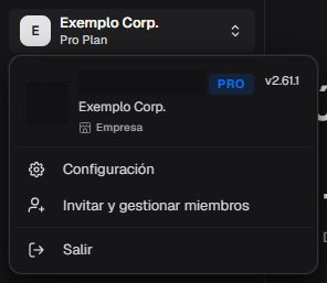 Menú del usuario en español con empresa Ejemplo, plan, versión, Configuración, gestión de miembros y la acción Sair.