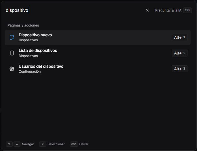 Búsqueda global en español con el término dispositivo, resultados de páginas y acciones, atajos y controles de navegación, selección y cierre.