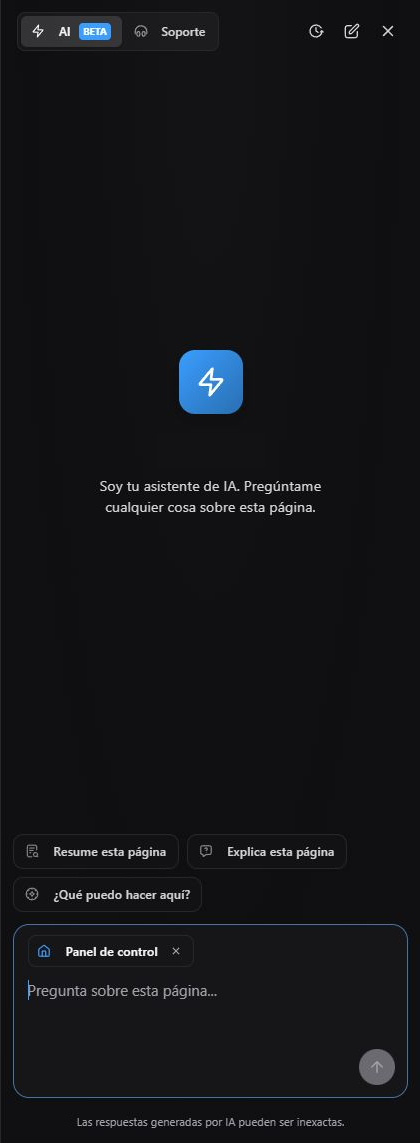 Panel Ask Nomid en español en modo AI, con cambio a Soporte, controles superiores, sugerencias, contexto Panel de control, campo de pregunta y aviso de imprecisión.