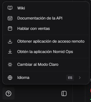 Menú de ayuda en español con Wiki, Documentación de la API, ventas, aplicación de acceso remoto, Nomid Ops, modo claro e idioma ES.