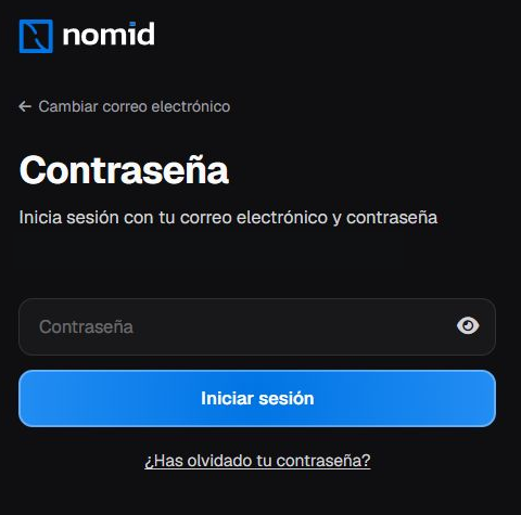 Etapa de contraseña local en español con Cambiar correo electrónico, campo Contraseña vacío, control de visibilidad, Iniciar sesión y enlace de recuperación.