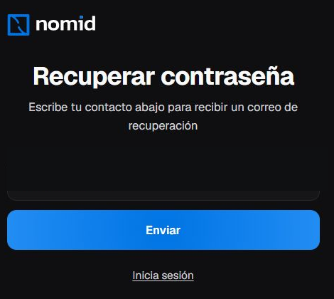 Formulario Recuperar contraseña en español con instrucción, campo de contacto protegido, botón Enviar y retorno Inicia sesión.