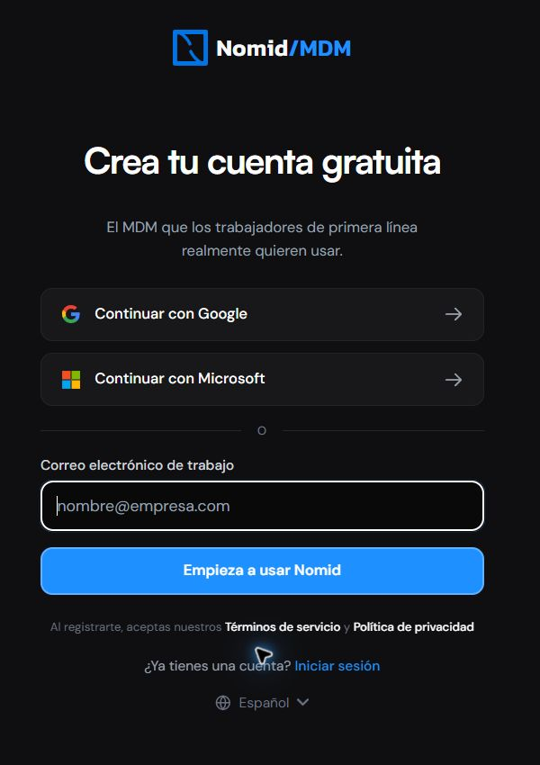 Pantalla de creación de cuenta en español con Google, Microsoft, correo electrónico de trabajo, Empieza a usar Nomid, términos, Iniciar sesión y selector de idioma.