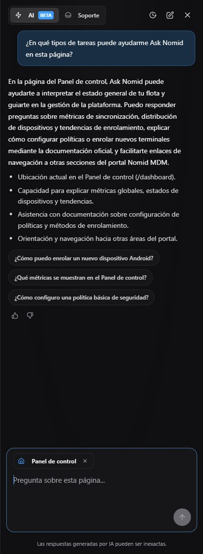 Ask Nomid en español en modo AI con una pregunta neutra sobre las capacidades del asistente, respuesta real, sugerencias, contexto Panel de control y aviso de imprecisión.