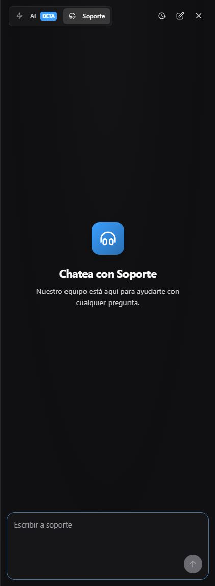 Ask Nomid en español en modo Soporte con orientación inicial, campo Escribir a soporte y controles de conversación y cierre.