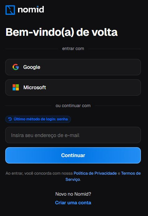 Tela inicial de login em português com Google, Microsoft, campo de e-mail, botão Continuar e link Criar uma conta.
