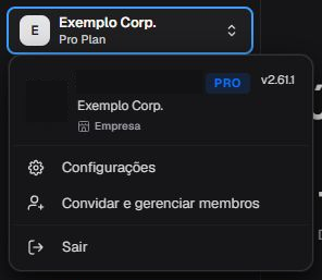 Menu do usuário em português com empresa Exemplo, plano, versão, Configurações, gerenciamento de membros e Sair.