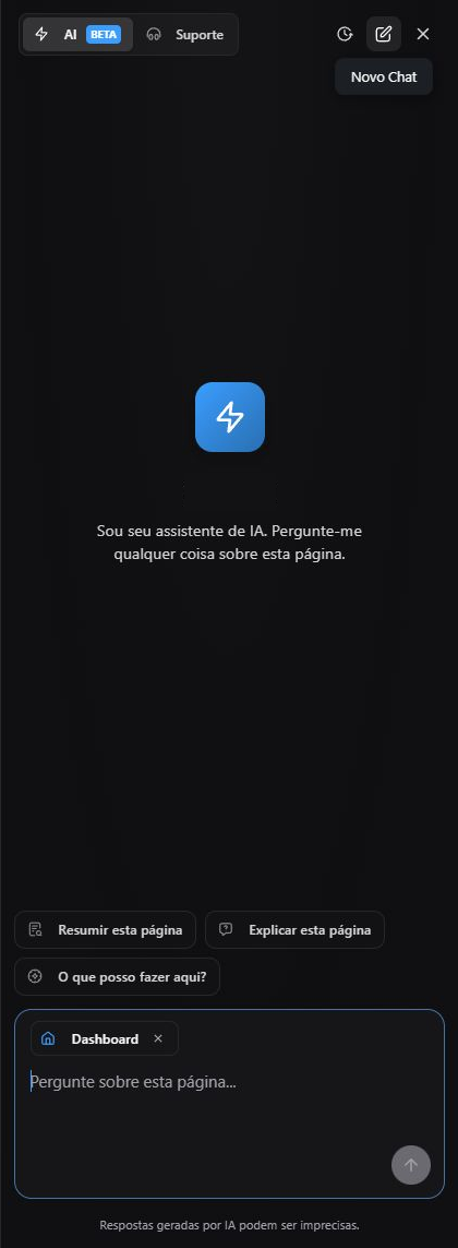 Painel Ask Nomid em português no modo AI, com alternância para Suporte, controles superiores, sugestões, contexto Dashboard, campo de pergunta e aviso de imprecisão.