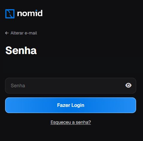 Etapa de senha local em português com Alterar e-mail, campo Senha vazio, controle de visibilidade, Fazer Login e Esqueceu a senha.