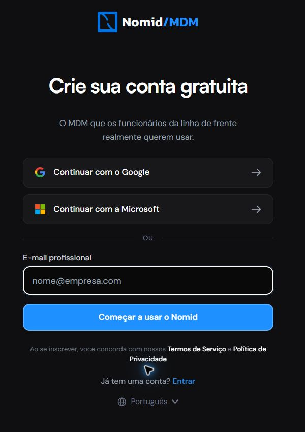 Tela de criação de conta em português com Google, Microsoft, E-mail profissional, Começar a usar o Nomid, termos, Entrar e seletor de idioma.