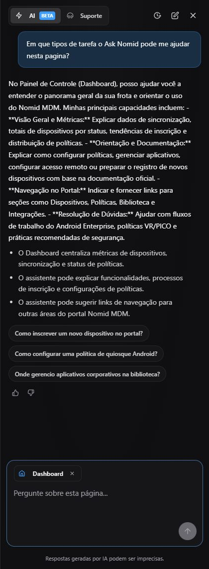 Ask Nomid em português no modo AI com pergunta neutra sobre as capacidades do assistente, resposta real, sugestões, contexto Dashboard e aviso de possível imprecisão.