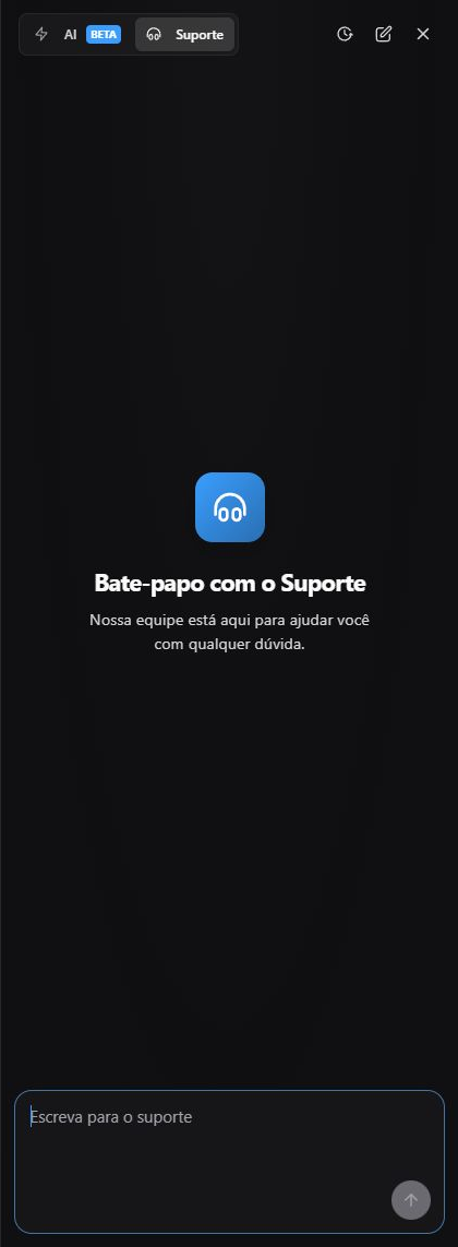 Ask Nomid em português no modo Suporte com orientação inicial, campo Escreva para o suporte e controles de fechar e conversa.