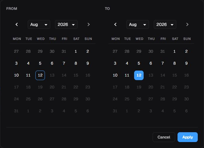 Custom calendar in en-US with two panels and Cancel and Apply