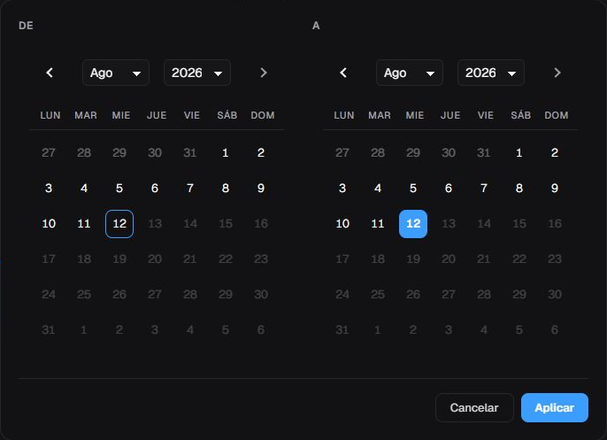 Calendario personalizado en es-ES con dos paneles y Cancelar y Aplicar