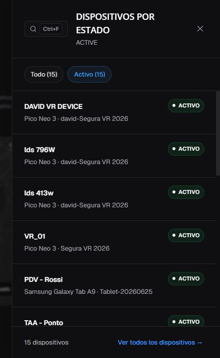 Panel de dispositivos activos en es-ES con filtros, búsqueda, filas, desplazamiento y acción final