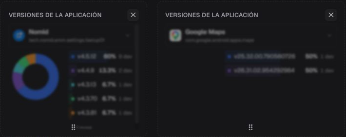 Dos tarjetas Versiones de aplicaciones en modo Editar en es-ES