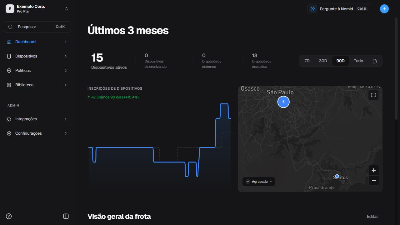 Dashboard em pt-BR com os contadores da frota e o período de 90 dias selecionado