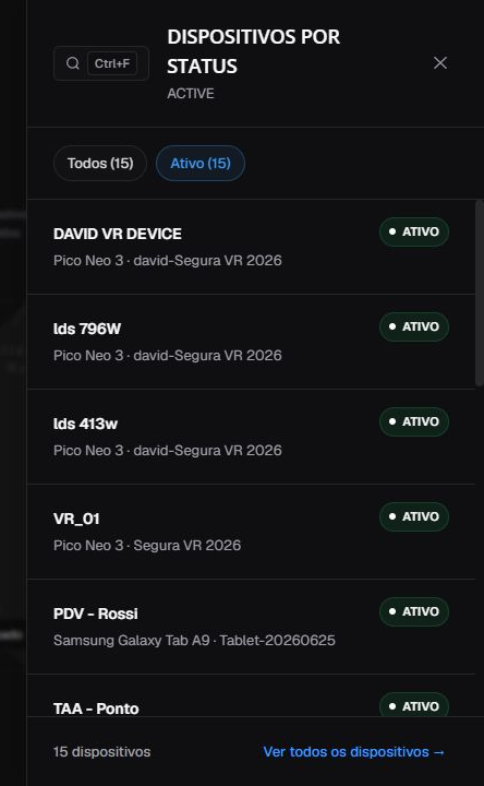 Drawer de dispositivos ativos em pt-BR com filtros Todos e Ativo, pesquisa, rolagem e acesso à lista completa