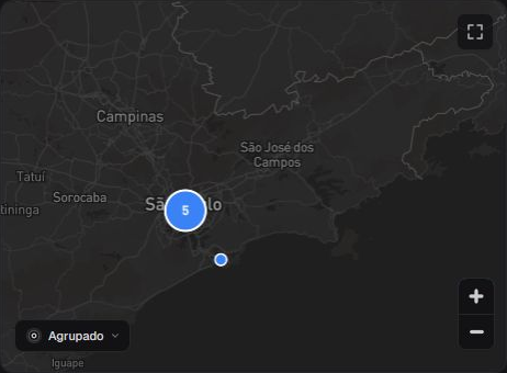 Mapa do Dashboard em pt-BR exibindo dispositivos no modo Agrupado