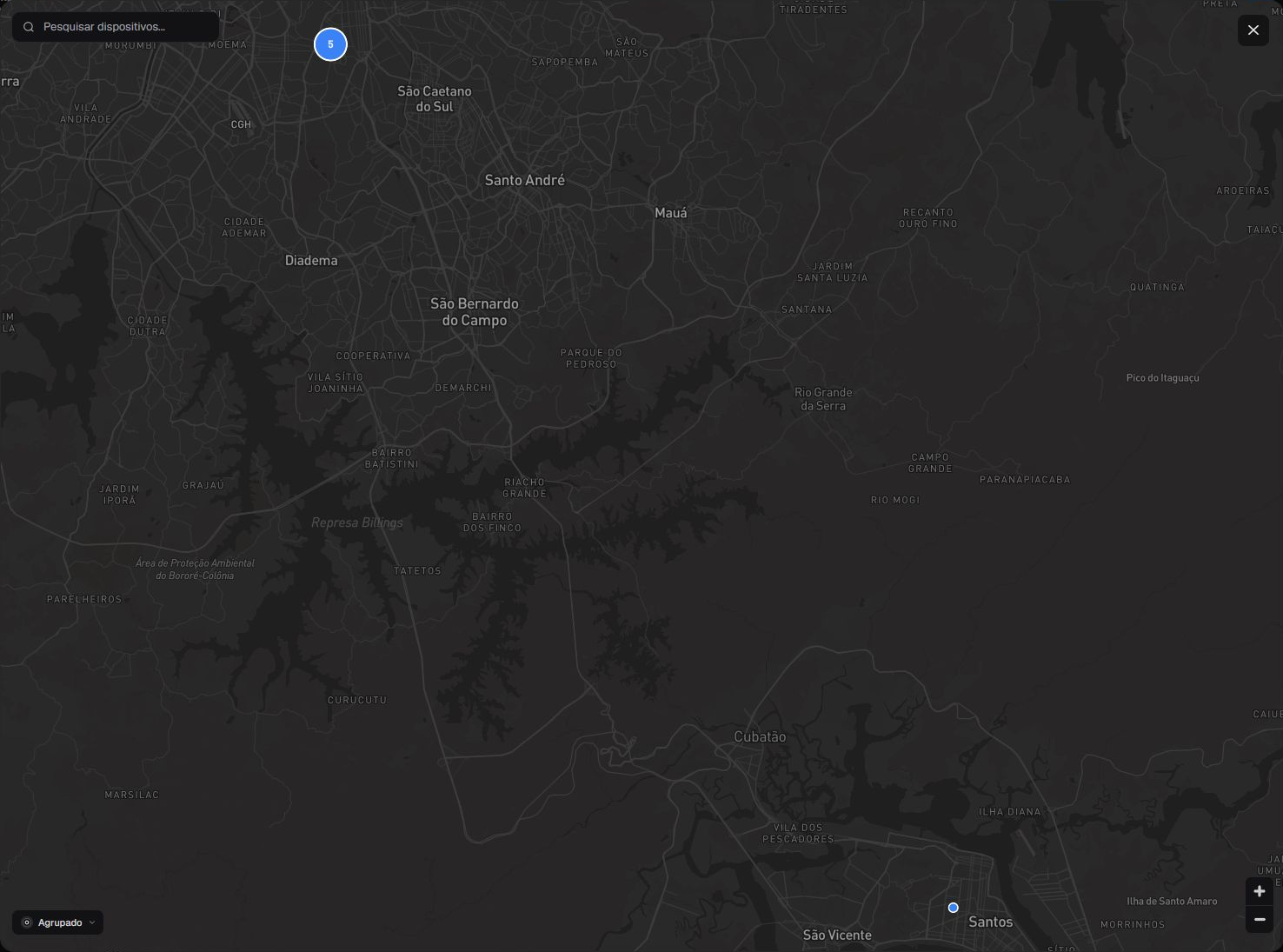 Mapa ampliado em pt-BR no modo Agrupado, com pesquisa, cluster, zoom e Fechar