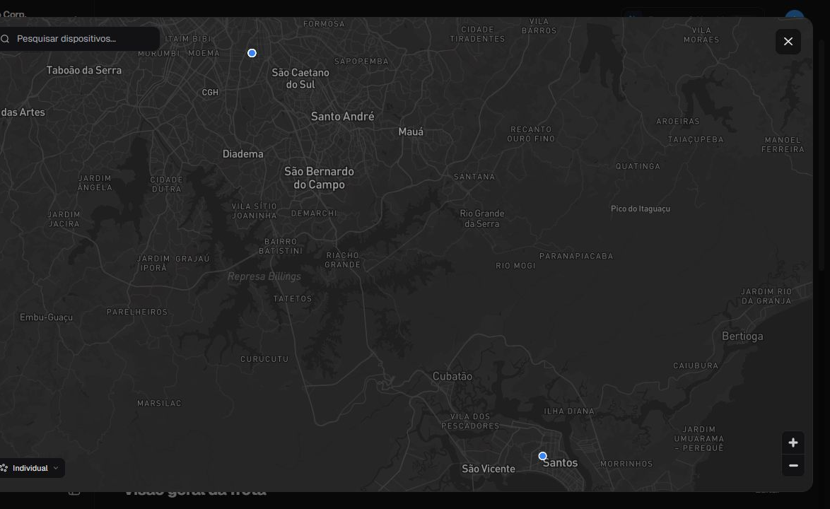 Mapa ampliado em pt-BR no modo Individual, com marcadores visíveis, pesquisa, seletor de modo, zoom e Fechar