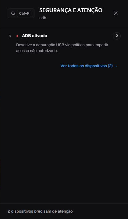 Drawer de Segurança e atenção em pt-BR aberto em ADB ativado, com orientação, contagem, busca, Fechar e Ver todos
