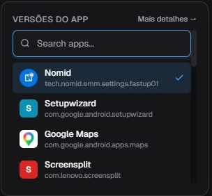 Seletor de aplicativos do card Versões de apps aberto em pt-BR, com pesquisa, opções visíveis e rolagem