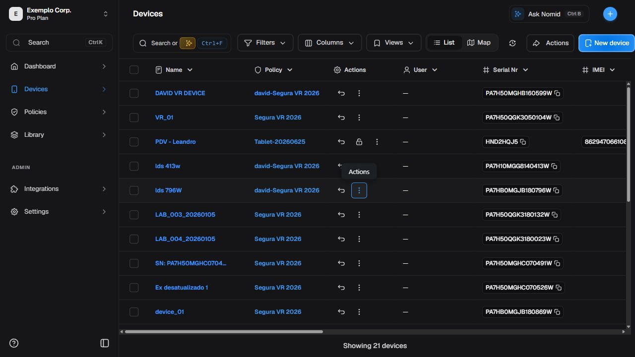 Devices page in English with list, map, and main controls